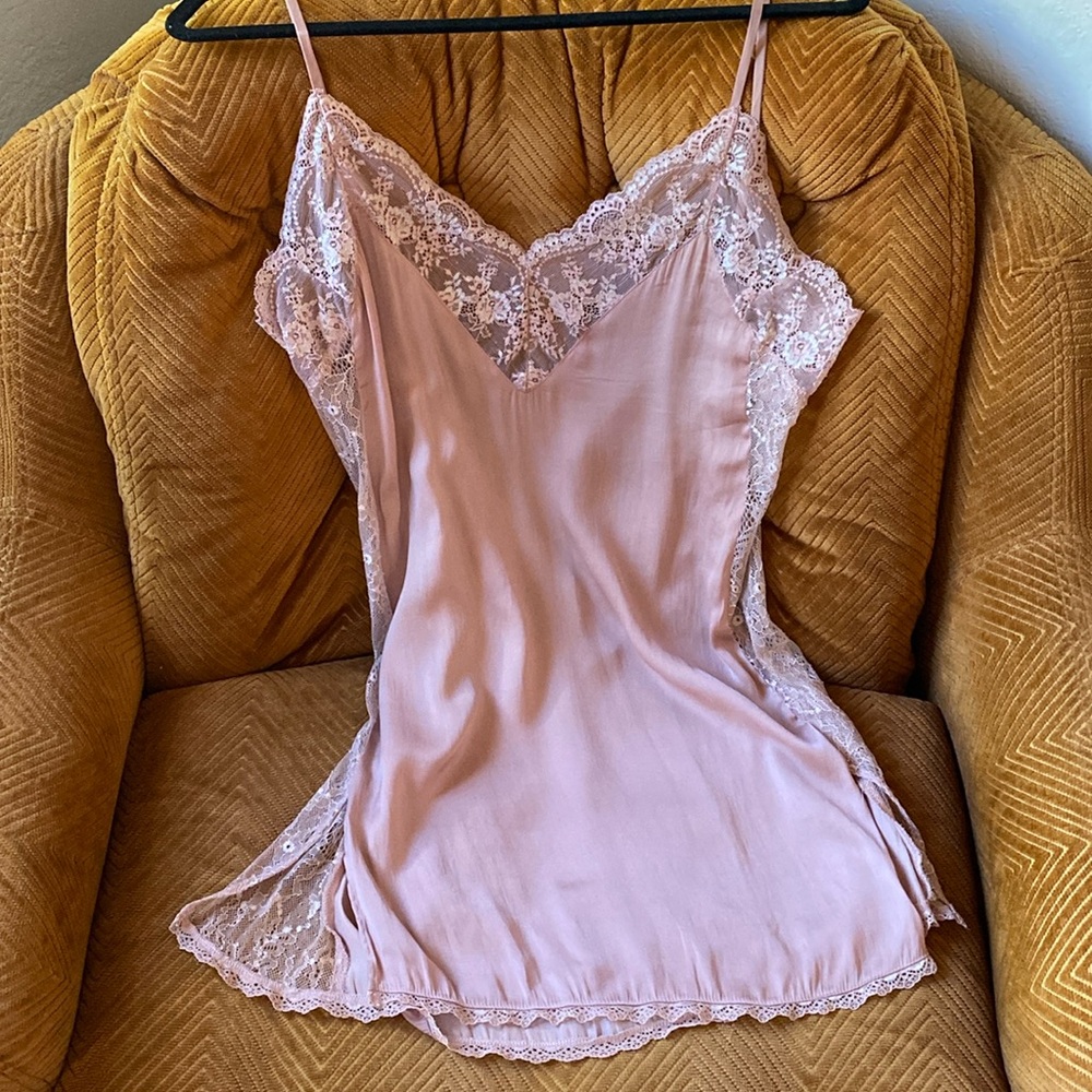 Vtg Pink Lace Slip Dress Lingerie Chemise
